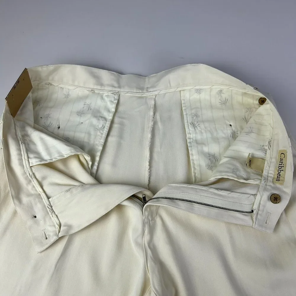 NWT Caribbean White Silk Pleated Front Relaxed Fit Casual Dress Pants‎ 36W 32L